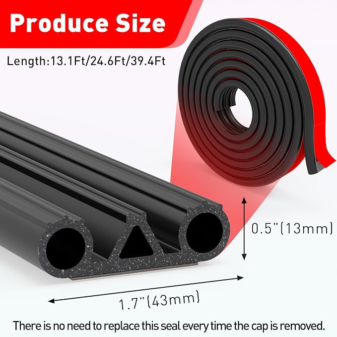 Tonneau Cover Seal Adhesive Tailgate Seal, Truck Topper Seal Rubber Weather Stripping with Triple Bulb, Camper Shell Seal Kit Replacement Parts Accessories(39.4Ft)