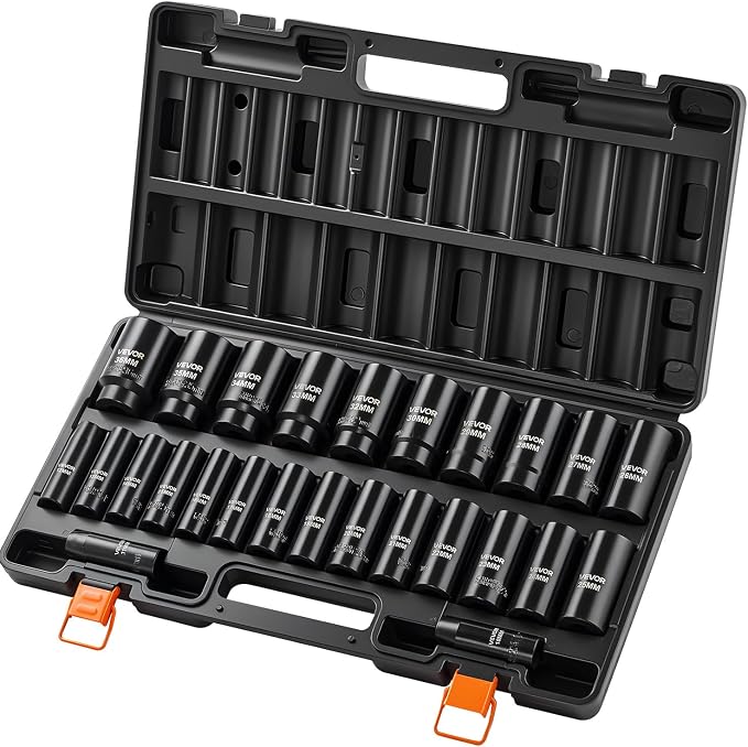 VEVOR Impact Socket Set, 1/2" Drive, 26-Piece Impact Sockets, 6-Point Sockets, Metric 10-30 mm, 32-36 mm, Easy to Identify, with a Sturdy Storage Case, Cr-V Alloy Steel Structure, for Vehicles Repair