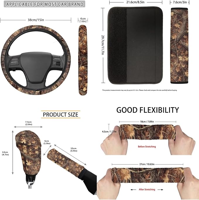 Camo Hunting Forest Car Seat Covers 11 Pieces Car Rear View Mirror Cover Steering Wheel Cover Auto Seat Belt Cover Gear Lever Cover Hand Brake Cover for Cars SUV