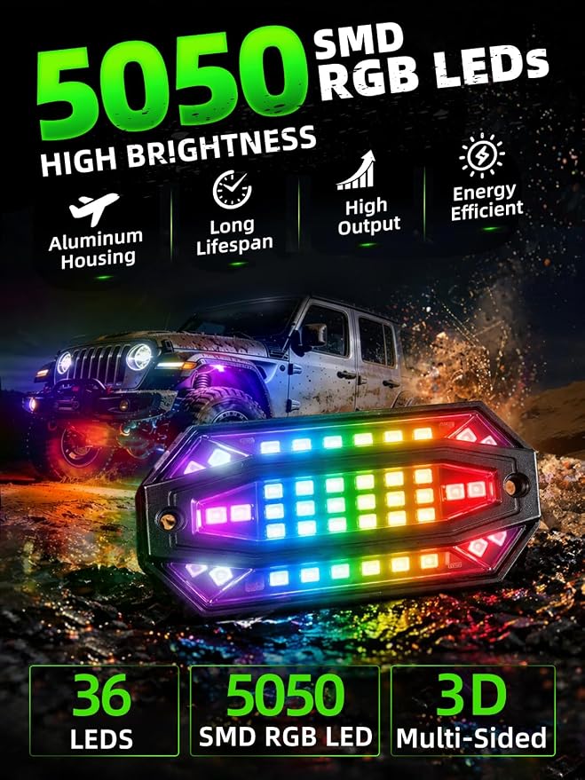 10 Pods RGB LED Rock Lights Aluminum 3D Multi-Sided Lighting w/Brake Turn Signal Reverse Mode, APP & Remote Control Music Voice Sync Underglow Lights for Trucks Offroad Utv Waterproof