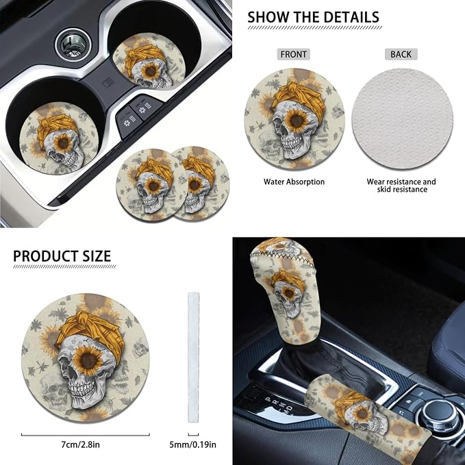Sunflower Skull Print Soft Comfortable Car Seat Covers, Neoprene Steering Wheel Cover, Seatbelt Pads, Shift Knob and Handbrake Cover, Car Coasters, 11pcs Halloween Decorations