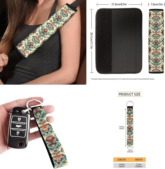 Navajo Aztec Car Accessories Car Seats Cover Protector, Steering Wheel Covers, Seatbelt Cover, Car Trash Can, Cup Coasters, Rearview Mirror Cover, Keychains, Pack of 15