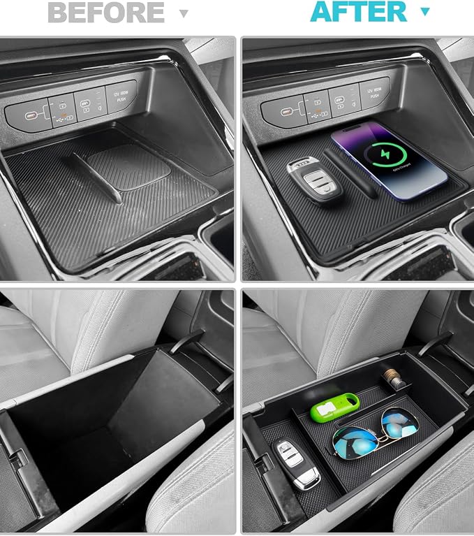 CDEFG 2PCS for 2025 2026 Kia K5 Center Console Organizer for 2025 2026 Kia K5 (GT-Line/EX/GT/LXS) Accessories Middle Console Tray Armrest Storage Box Wireless Charging Protective Console Mat
