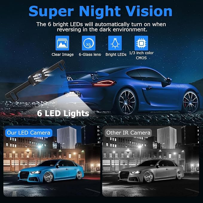Wireless Backup Camera for Car【6 LED】 5'' AHD 1080P Back up Camera for Cars with Monitor Waterproof License Plate Reverse Camera for Truck Trailer RV Pickup DIY Guide Lines