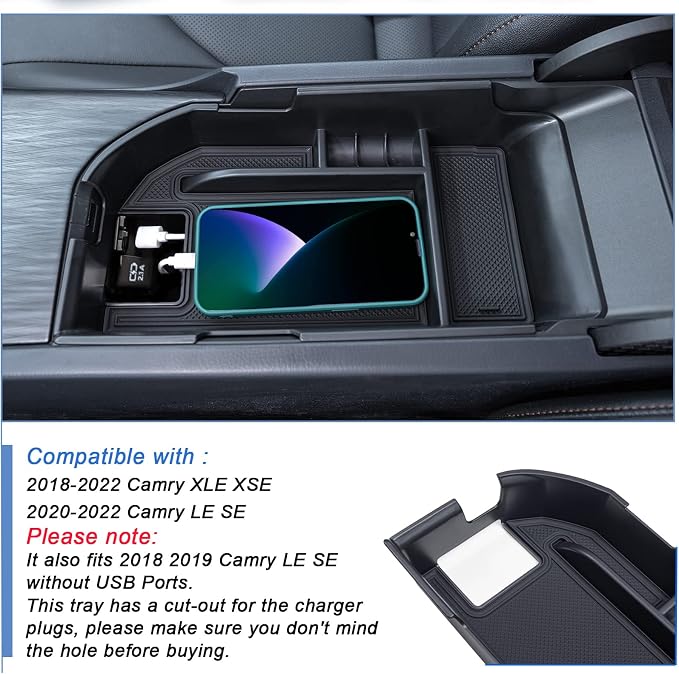 TOPINSTALL Black Center Console Tray and Red Rubber Liners Compatible with 2018-2024 Camry Accessories, Interior Armrest Storage Console Organizer Non-Slip Cup Holder Door Pocket Rubber Mats