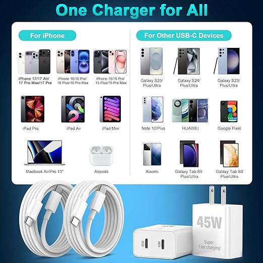 45W iPhone 17 16 15 Charger Fast Charging, 2-Pack Dual Port USB C Wall Charger Block with 2-Pack 6ft 60W Type C to USB C Cable, PD Fast Charger for iPhone 17 Pro Max/17 Air/16/15, iPad Pro