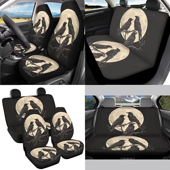Crow Moon Pattern 13 Pieces Car Interior Accessories, Stretchy Auto Seat Covers Set of 4, 1 Piece Steering Wheel Cover, Breathable Safe Belt Pads Set of 4, 4PCS Cup Coasters