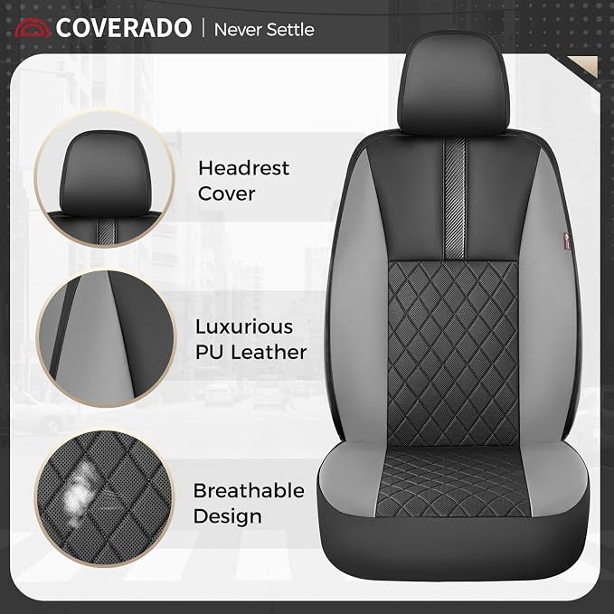 Coverado Car Seat Covers Front Pair, Automotive Leather Seat Covers for Car，Universal Fit Front Back Seat Cover, Non-Slip Waterproof Breathable Car Seat Protector