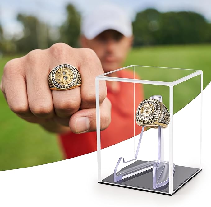 Hooqict Championship Ring Display Case Clear Acrylic Ring Case Display Box UV Protected with Base for Sports Baseball Softball Football Single Ring Coin Holder Stand
