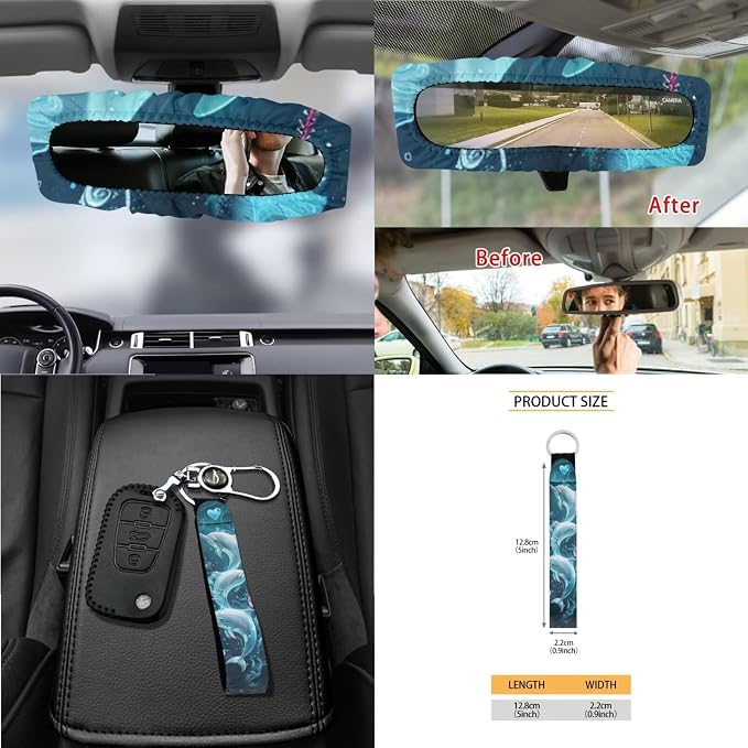 Flower Dolphin Car Seat Cover Full Set 15 PCS, with Steering Wheel Cover Seat Belt Pad Garbage Bag Air Vent Bag Rearview Mirror Cover Coaster Key Chain Universal Fit for SUV