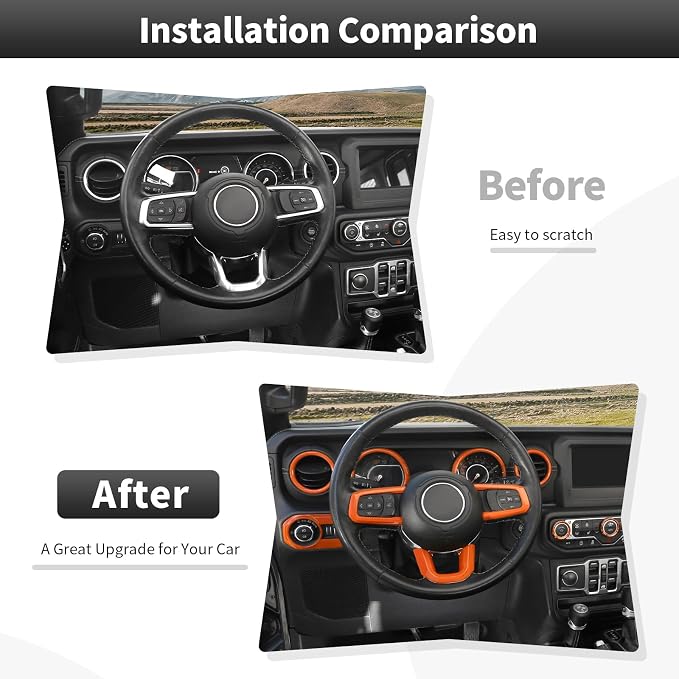 CheroCar Orange 20PCS Interior Trim Kit for Jeep Wrangler JL JLU & JT Gladiator 2018-2023,Dashboard,Steering Button Frame,AC Switch,Roof Speaker,Reading Light,Headlight Switch,Rear Air Vent Trim