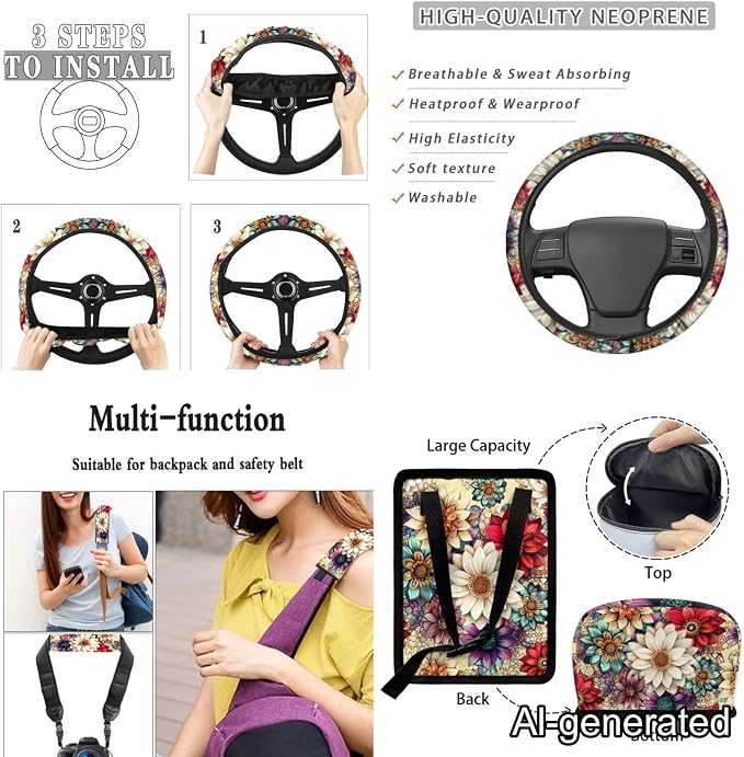 Dreaweet Dahlia Car Seat Covers Full Set for Women Flower Car Accessories 15 Pcs Set - Steering Wheel Cover Seatbelt Covers Car Coasters Trash Can Air Vent Storage Bag Rearview Mirror Cover Keychain