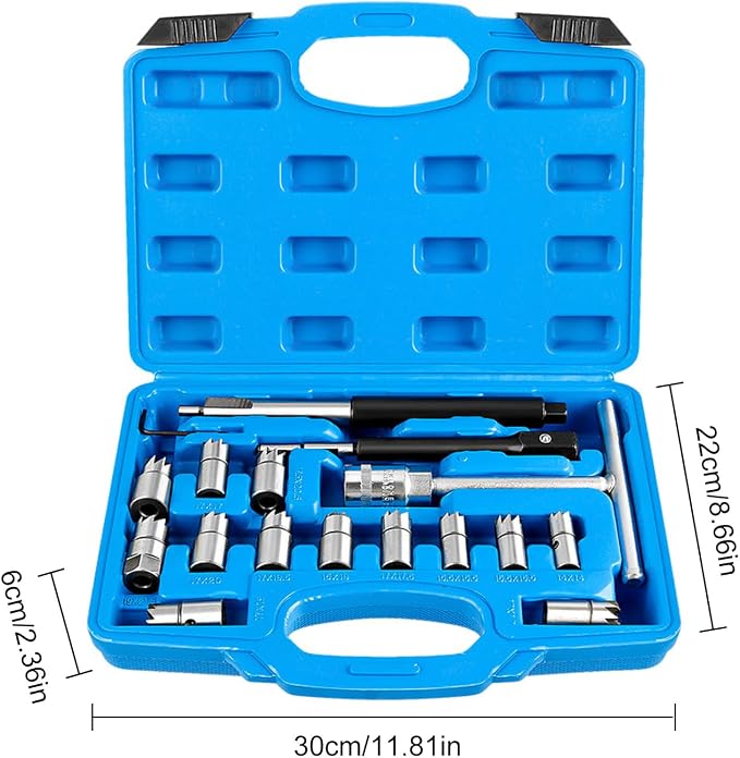 HXBER Auto Repair Tools Car Accessories,17Pcs Injector Set Seat Cutter Cleaner Disassemble Tool Kit Universal Injector Re-Face Reamer Tool Set Valve Seat Cutter Flat Reamer Repair Removal Tool