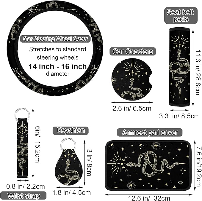 Riakrum 15 Pcs Boho Celestial Snake Seat Covers Full Set Thick Car Front and Back Steering Wheel Cover Seatbelt Strap Armrest Pads Cup Mat Wrist Strap Key Chains for Auto Truck