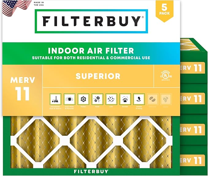 Filterbuy 20x20x4 Air Filter MERV 11 Superior Pet & Allergy Defense (5-Pack), Electrostatic Pleated HVAC AC Furnace Filters Replacement (Actual Size: 19.50 x 19.50 x 3.63)