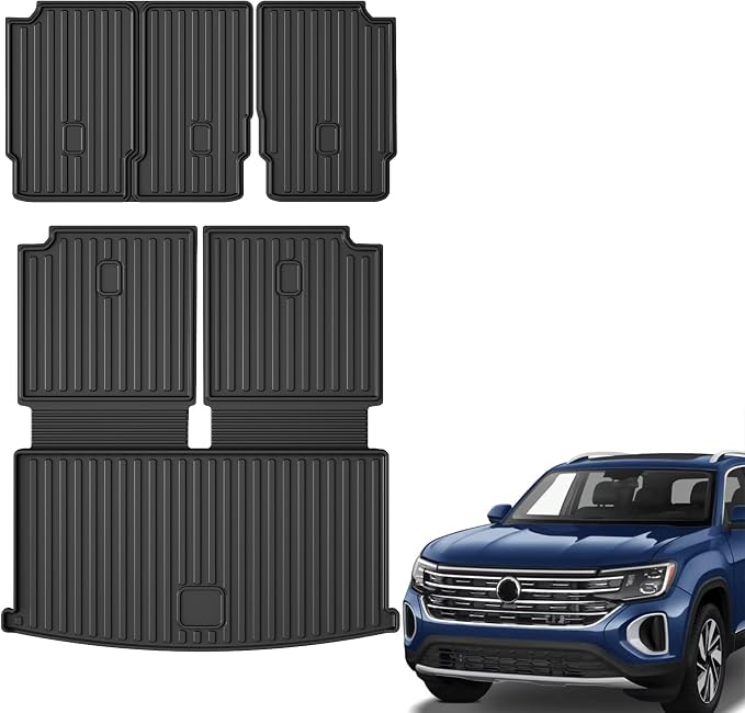 AOMSAZTO Cargo Mat and Backrest Mat Compatible with Volkswagen Atlas 2018-2025 2026 (NOT for Cross Sport): TPE All Weather Protection VW Atlas Cargo Liner - 2nd&3rd Row Backrest +Trunk Mats