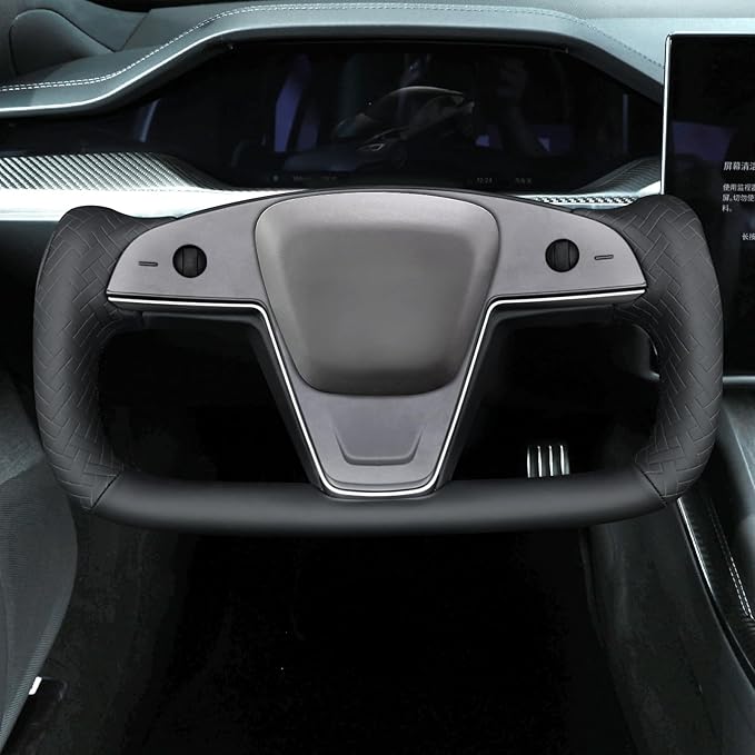 MEWANT Hand Stitch Black Solid Woven Embossed Faux Leather Steering Wheel Cover for Tesla Yoke Model S 2021-2023 Model X