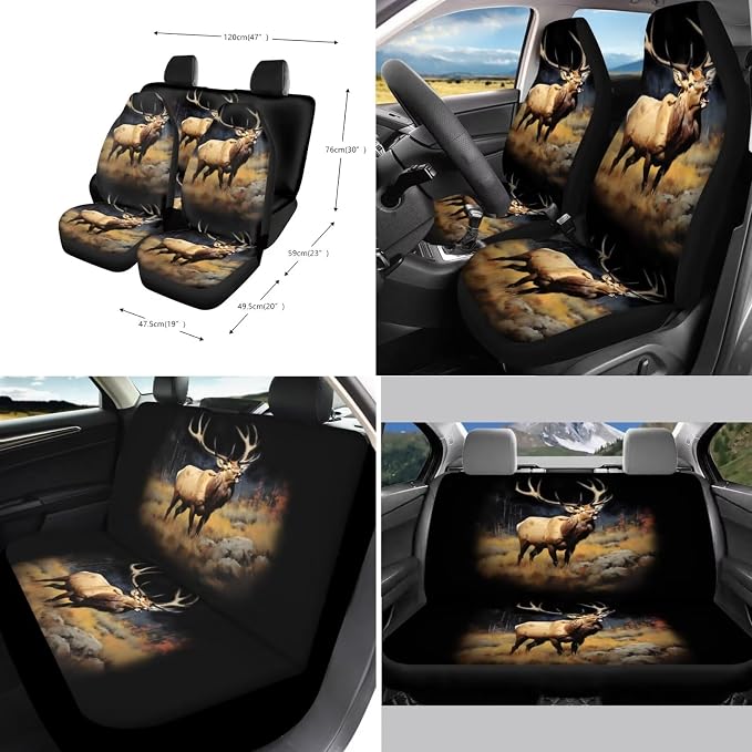 Xoenoiee Elk Wilderness Print 11 Pack Car Seat Cover Front & Rear Seat Cover with Steering Wheel Cover + Seat Belt Cover+ Cup Coasters+ Key Chains Universal Fit