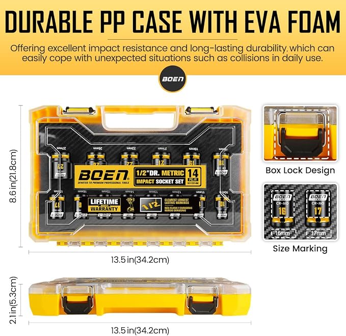 BOEN Pro 1/2" Drive Shallow Impact Socket Set, 14-Piece 6-Point Metric (10-19mm, 21, 22, 26, 27mm) Standard Socket Kit with Deep Embossed and Painted Marking, CR-MO, Includes Rugged PP Case