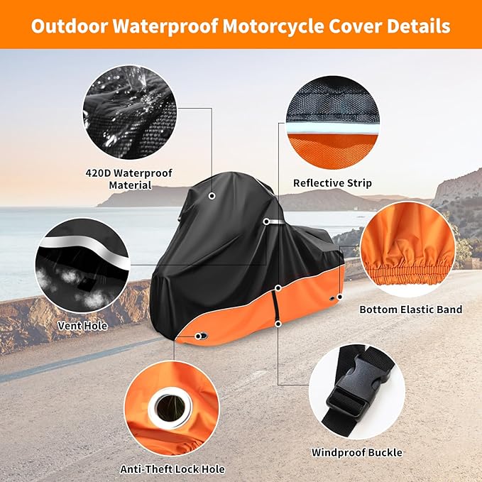 Motorcycle Cover 420D Heavy Duty All-Season Weatherproof Outdoor Protective Cover, Featuring Ventilation Holes & Night Reflective, 86" XL Vehicle Cover/Black Orange