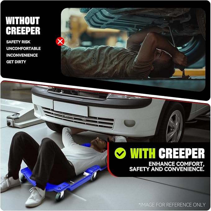 Auto Dynasty 40 Inches Mechanic Creeper, Automotive Garage Repair Low Profile Under Car Rolling Creeper with LED Light and Padded Headrest, Plastic, Blue