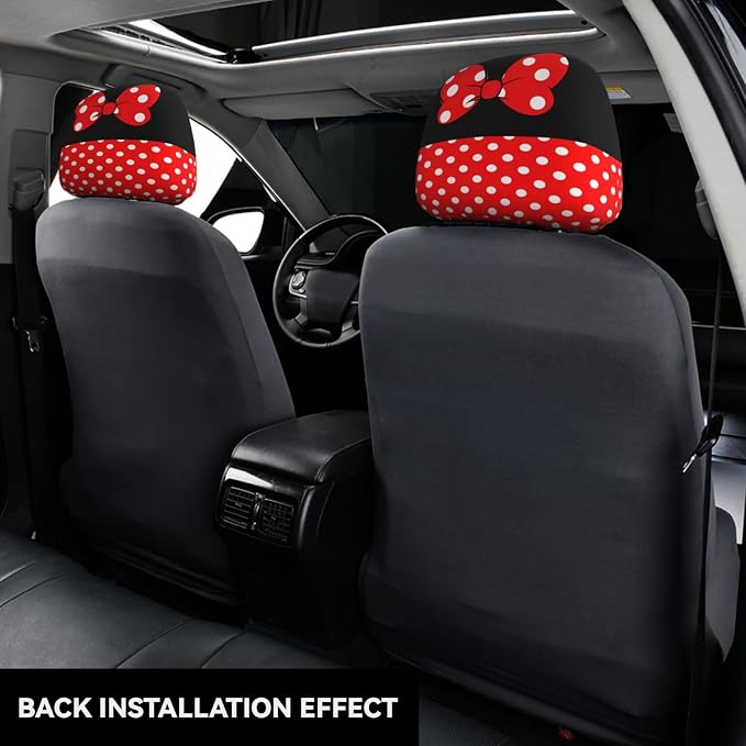 Cute Black Polka Dot Red Bow Car Seat Headrest Cover and Steering Wheel Cover Car Coaster Set