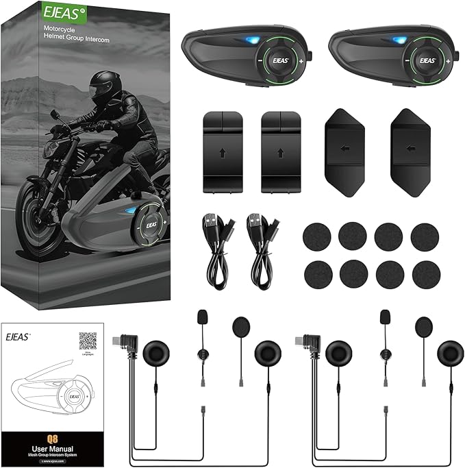 EJEAS Q8 Motorcycle Helmet Bluetooth Intercom, New Mesh 3.0 Group Intercom System with Music Sharing and Channel Switching for 6 Riders Talking at The Same Time (2 Pack)