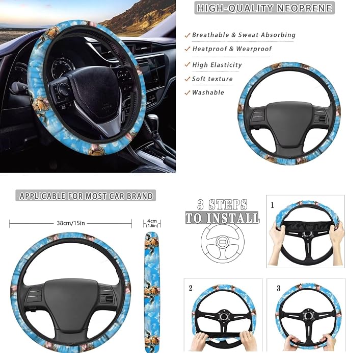 Giraffe Car Seat Covers Including Funny Animal 4 Front Rear Seat Cushion Cover/2 Coasters/1 Steering Wheel Wrap/2 Shift Knob Handbrake Cover/2 Seatbelt Pad Cover, 11 Pack Car Accessories