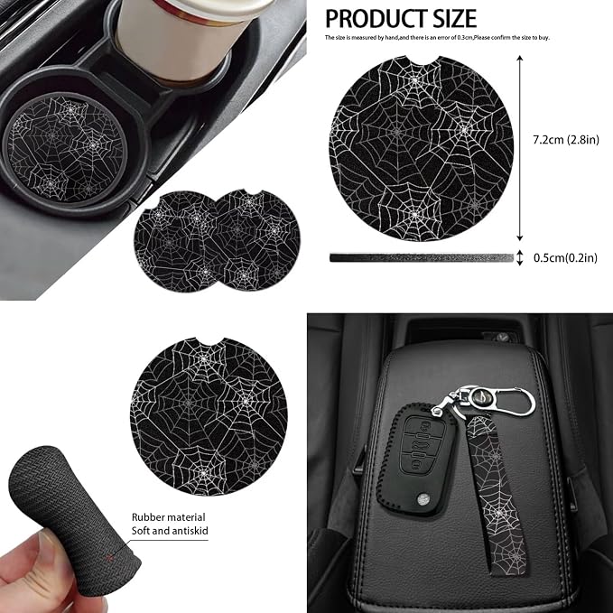 Black Spider Web Car Seat Covers Full Sets 14pcs,Halloween Car Accessory,Auto Coaster+ Keychain+Gear Shift Knob Handbreak Cover+Seatbelt+Car Rear View Mirror Cover for Women,Halloween Decor