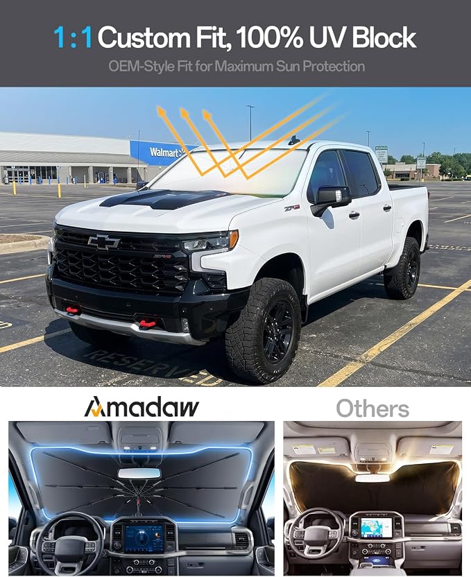 Windshield Sun Shade for Chevrolet Silverado 1500 2000–2026, Foldable Umbrella Sunshade with 100% UV Block, Multi-Layer Heat Insulation, Reinforced 10-Rib Frame, Keeps Car Cooler
