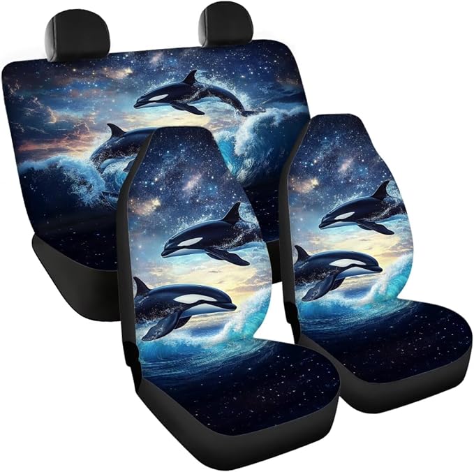 Killer Whale Car Seat Cover Set with Steering Wheel Wrap, Gear Lever Cover Hand Brake Cover and Seatbelt Pad Cover, Cup Holder Coaster Full Set of 11 Pack Auto Accessories