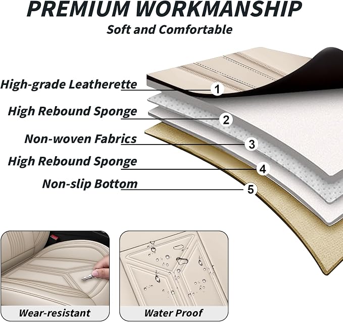 Arazi Fit for 98% of Mazda Seat Covers, 360° Full Wrap Original Seat Cover, Waterproof Nappa Leather Seat Covers with Big Space Storage Pocket Seat Protector（2 Seats Standard, Beige）