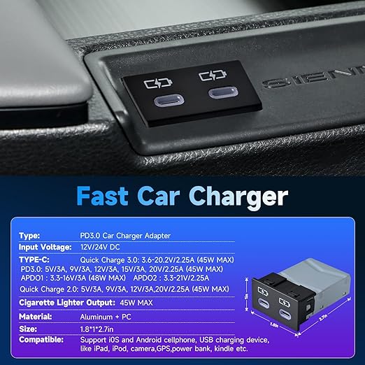 90W Car Charger USB c Dual Port Adapter Center Console Socket for Toyota Tacoma Fast Charging (Flat Type-C (45W)+Type-C (45W))