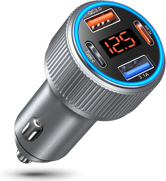 Car Charger USB C, 65W Multi Port Dual 12V Cigarette Lighter USB Car Charger Adapter with Voltage Display PD/QC 3.0 Super Fast Charge Car Phone Charger for iPhone 16 15 14 13 12 Pro Max Plus(Gray)