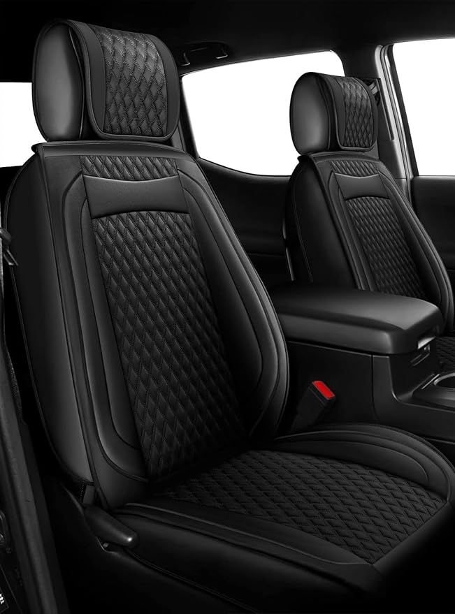 Octomo Custom Leather Seat Cover Full Set Compatible with Toyota Tacoma 2009 to 2024 TRD Sport Off Road TRD Pro Limited SR SR5 Package Access Double Extended Cab Pickup Truck (5 Pcs, Black)