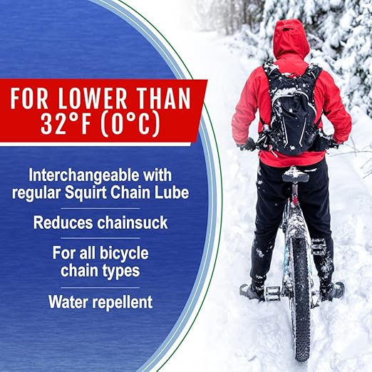 Squirt Low-Temperature Chain Lube for Bikes (4 Oz) – Low Temperature All Weather Bike Chain Lube – Cold Weather Lubricant to Reduce Noise & Chainsuck