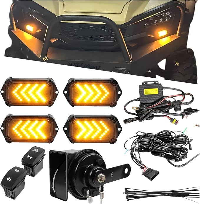 DREAMIZER UTV Turn Signal Kit with Horn,Pre-Wired, Plug and Play ATV SXS Blinker with Rocker Switch, Hazard Light, Universal Street Legal Turn Signals Compatible with Polaris Can-Am and more