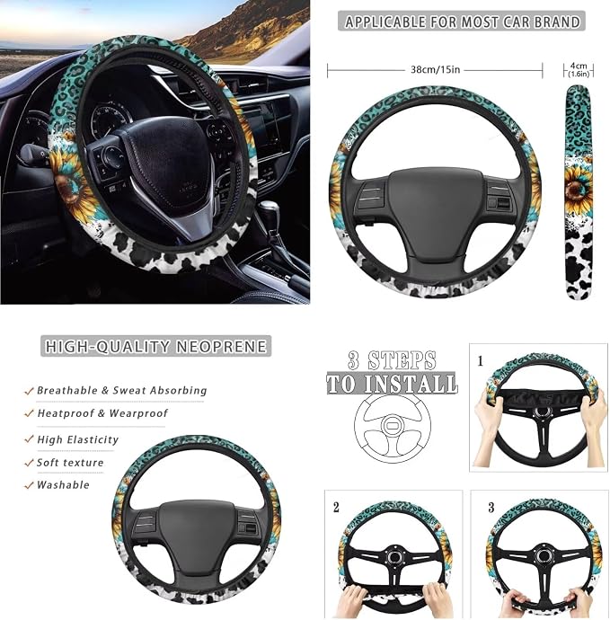 Leopard Auto Seat Covers Full Set 12pcs Leopard Car Accessory Universal Fit Car Seatbelt Pads Steering Wheel Cover Armrest Keychain Coaster,Green White Cheetah Sunflower Car Interior Sets
