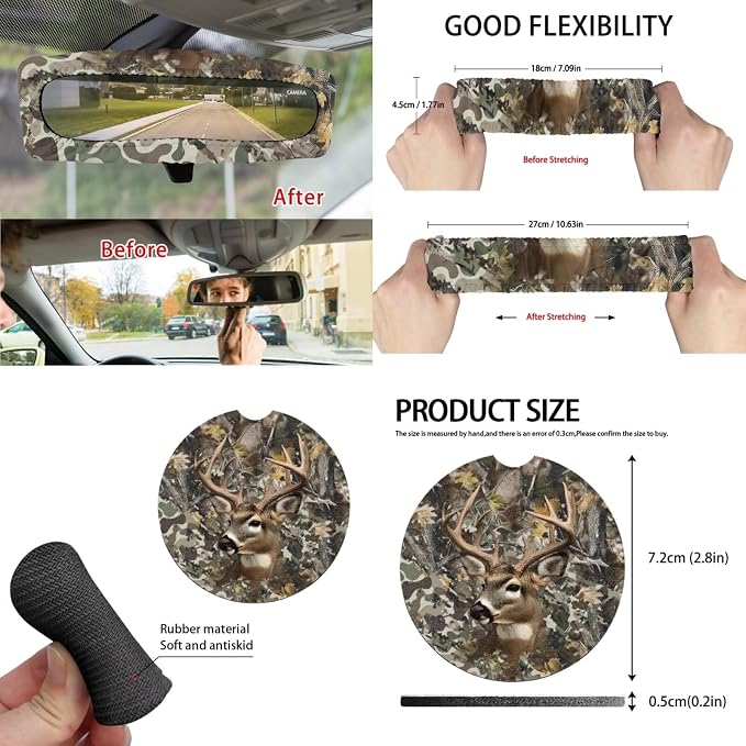 15 Pcs Camo Hunting Deer Car Seat Cover Full Set for Women Men with Car Steering Wheel Cover Seat Belt Cover Trash Bin Front Rear View Mirror Car Cup Holder Keychain