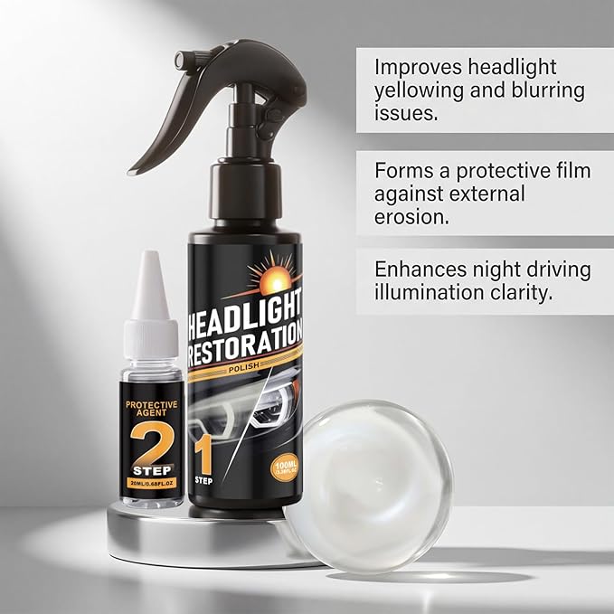Anti-Yellowing and Oxidation Headlight Restoration kit, No Power Tools Required, Restoring to Like-New Condition, Covers 2-3 Vehicle Headlight Treatments (1)