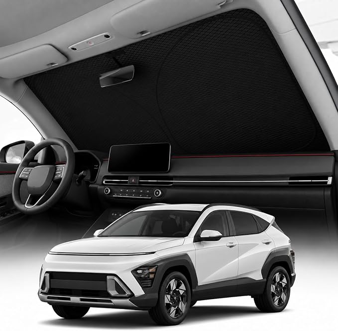 REEVAA 2026 3rd Pro Windshield Sunshade for 2018-2023 Hyundai Kona | Dual-Layer Heat & Sun Defense, OEM Design | Foldable Sun Shade Car Accessories with Storage Bag