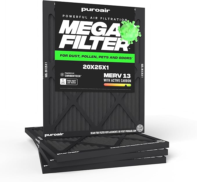 PuroAir MegaFilter - 20x25x1 Air Filter MERV 13 Activated CarbonTech Defense - Heavy Duty 3 Layer Furnace Filters Allergens, Pollen, Dust, Pet Dander, Smoke, Odors - HVAC Air Filter 20x25x1 (4-Pack)