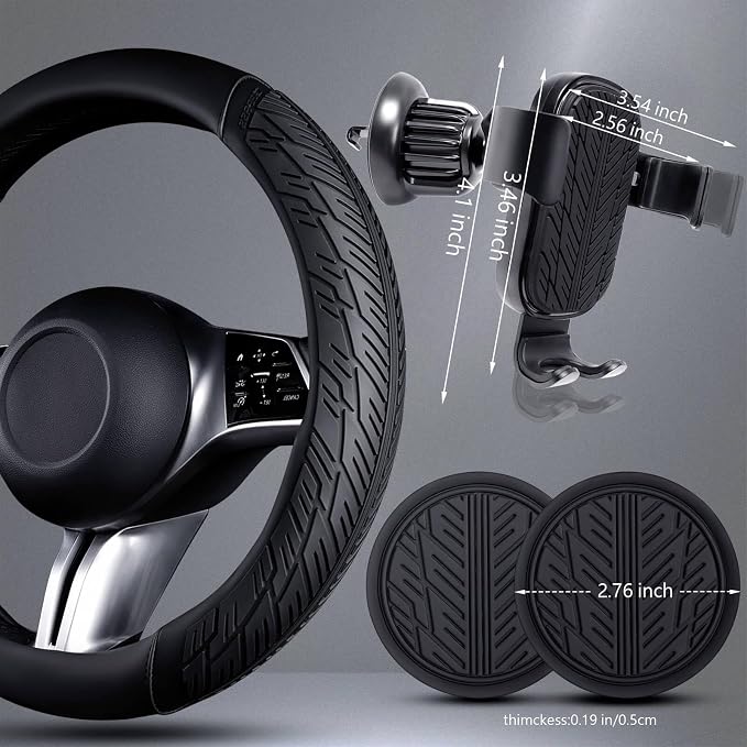 CAR PASS Universal Leather Sport car seat Covers&Leather Rubber Steering Wheel Cover Set,Equipped with Mobile Phone Holder and Non-Slip Cup Mat,Suitable for Steering Wheel 14.5-15” All Black