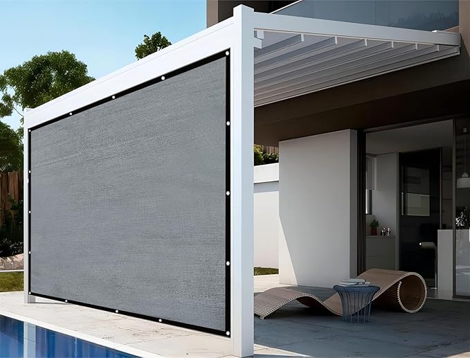 Shatex 90% Sun Shades for Patios 8X 12 ft Shade Fabric Sun Shade Cloth Taped Edge with Grommets Sun-Block Mesh Shade for Pergola Cover Canopy Grey, 12 Bungee Balls