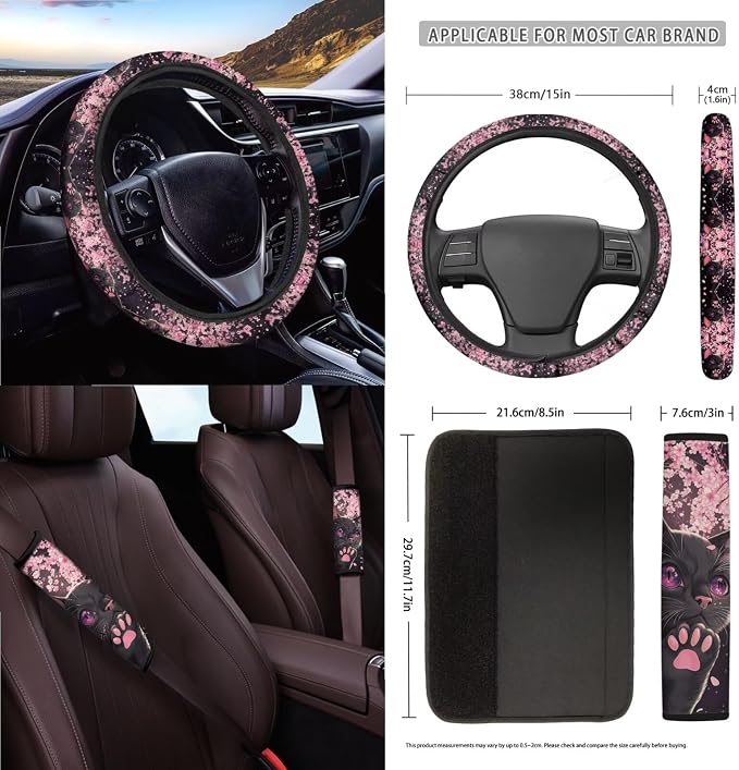 Cat Print Automotive Seat Covers Full Set of 15 Cherry Blossom Print Front Rear Seat Cover Steering Wheel Cover Safety Belt Pads Garbage Bag Car Air Vent Organizer Cup Cushions