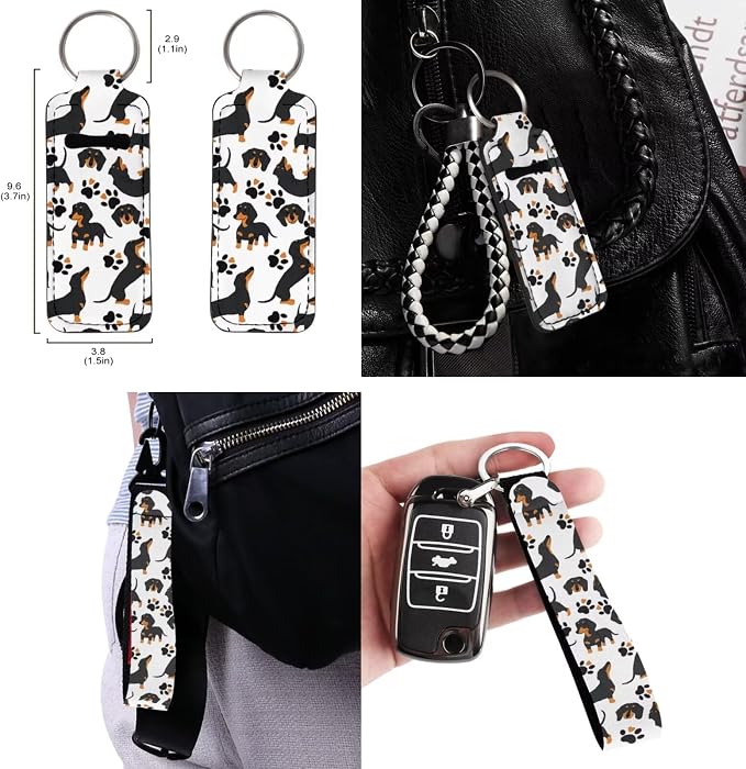 Black Dachshund Dog Car Seat Covers 12 Pcs Full Set Dog Lover Car Interior Set Durable Auto Steering Wheel Cover Dog Paw Seat Belt Pads Chapstick Holder Keychain for Women