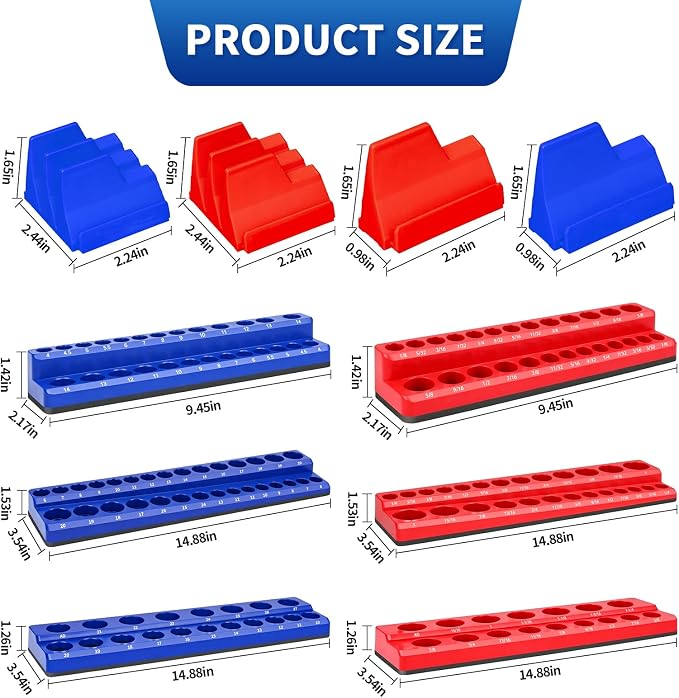 Magnetic Socket Organizer Set, 8PCS Socket Holder with 6 Socket Trays & 2 Wrench Racks, Metric & SAE Tool Box Organizer 1/4", 3/8", 1/2" for Garage, Toolbox, Workbench(Socket, Wrench not Included)