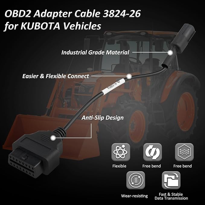 OBD2 Adapter Cable for Kubota Vehicles, 4 Pin to 16 Pin OBD1 to OBD2 Diagnostic Connector, Compatible with OBD II Scan Tools – Replaces 3824-26