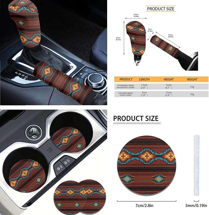 AFPANQZ Vintage Aztec Graphics Car Seat Covers - Full Set with Steering Wheel, Gear Shift Knob, Handbrake Covers, Seat Belt Shoulder Pads, Cup Holder - Universal 11 Piece Gift - Brown & Red
