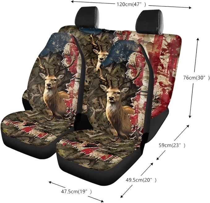 Deer Camo American Flag Pattern Car Seat Covers Full Set, 13 Pieces Car Accessories with 1 Steering Wheel Cover, 4 Seat Belt Covers and 4 Waterproof Coasters Universal Fit for SUV
